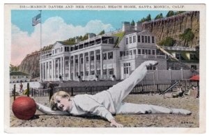 Postcard of Marion Davies in front of her beach house in Santa Monica, California
