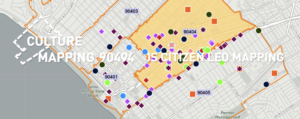 A street map of Santa Monica is dotted with multi-colored circles and squares in a representation of the 18th Street Arts Center’s “Cultural Mapping 90404” project, which won the Santa Monica Conservancy’s 2023 Cultural Heritage Award.