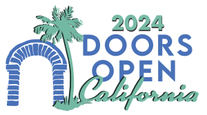 2024 Doors Open California Logo. Palm tree graphic on the left with "2024 Doors Open California" vertically stacked on the right.