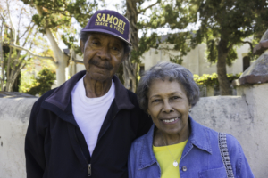 Bill Edwards (left) and Carolyne Edwards (right) at the historic Mission San Gabriel Arcángel in San Gabriel, California.