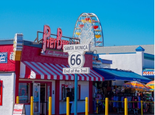 Route 66 "End of Trail" sign on Santa Monica Pier