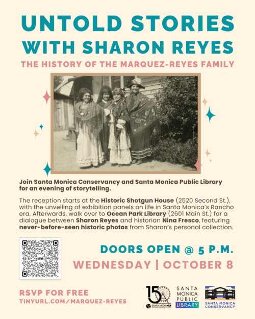 Flyer for an October 8th event regarding the Marquez-Reyes family. Featuring a historic photo from the Angie Marquez collection of four women.