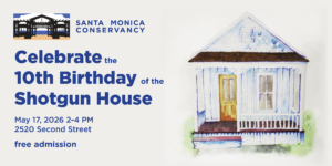 Text on the left "Celebrate the 10th Birthday of the Shotgun House" with Event Details: "May 17, 2-4 pm at 2520 Second Street". Watercolor rendering of a shotgun house "bungalow" on the right.