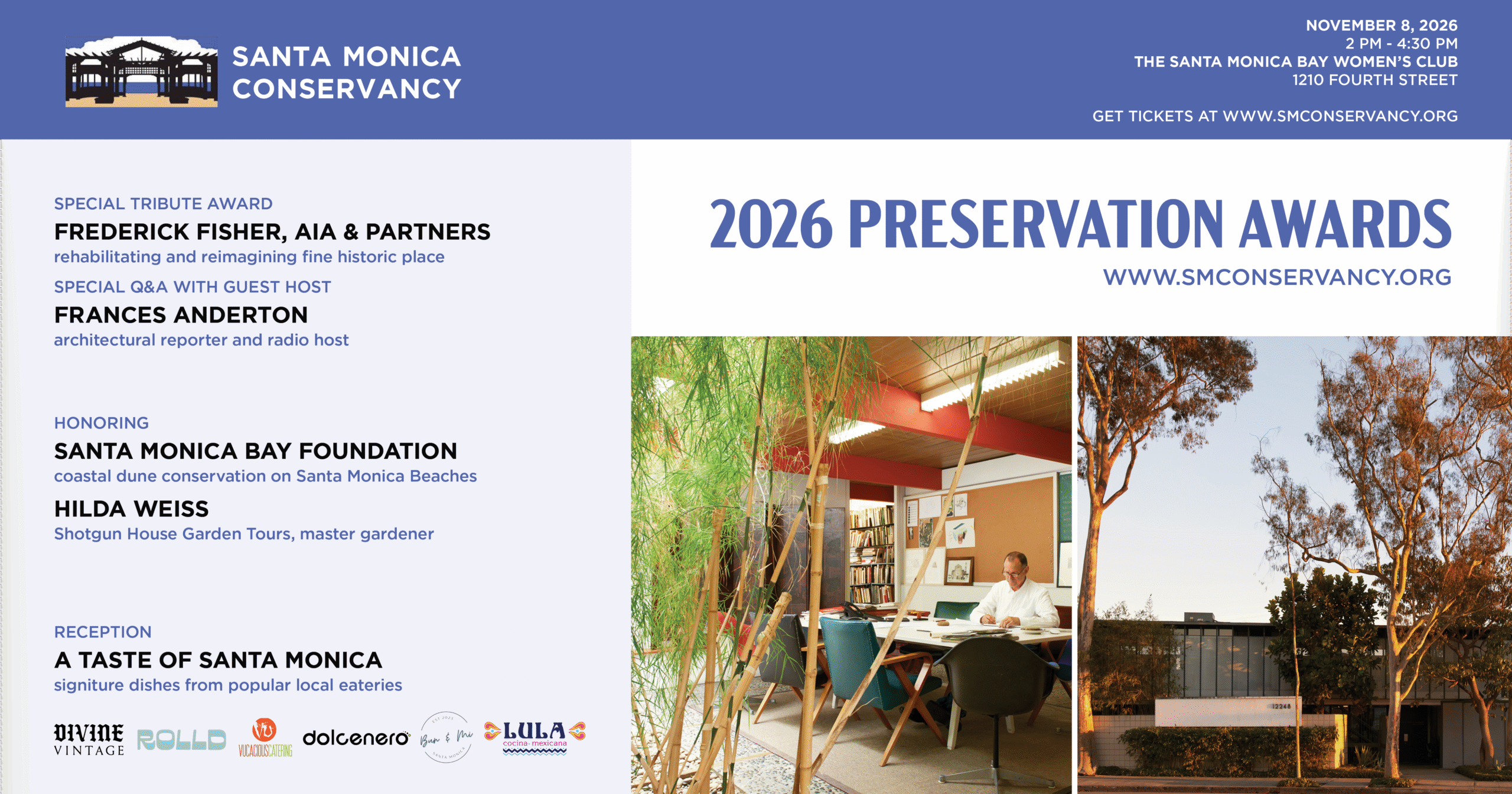 Banner for the Preservation Awards on November 8 at the Santa Monica Bay Woman's Club.